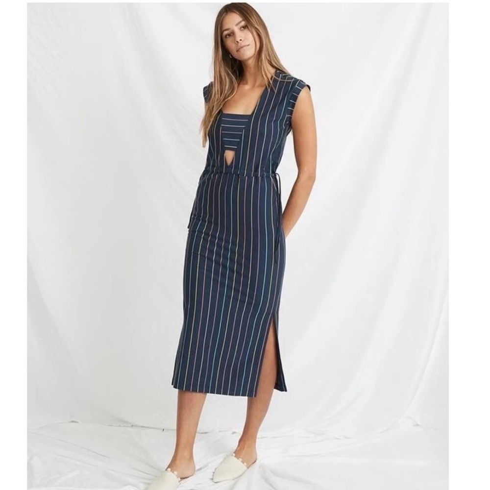 Marine Layer Roxanne Navy Striped Maxi Dress Size S Sleeveless Drawstring Slit